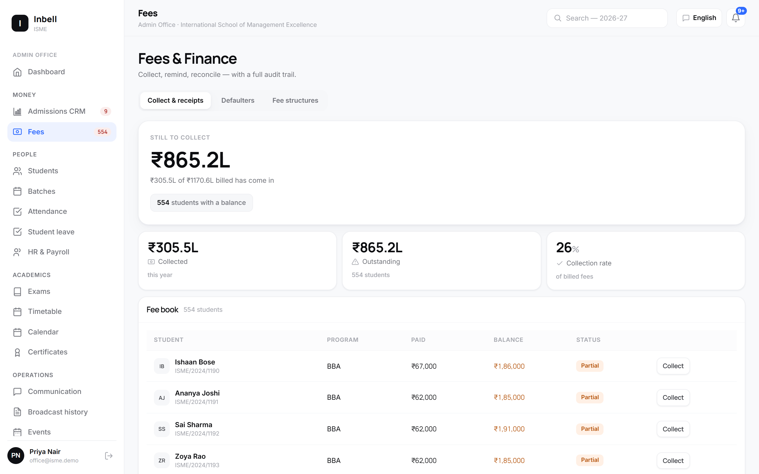 Inbell — fees & finance